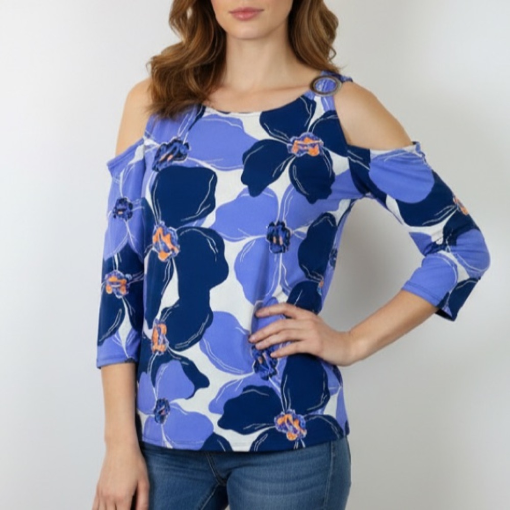JM Collection Blue Floral Cold Shoulder Top‎